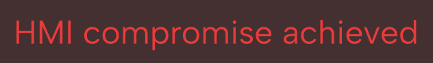 Red text on black background stating 'HMI compromise achieved'.