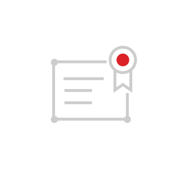 Icon of a certificate or document with three horizontal lines and a ribbon with a red seal on the upper right corner, on a white circular background.