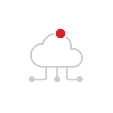 Cloud computing icon with a red dot on top connected to three smaller nodes below by lines, inside a white circular background.