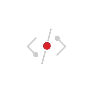 Icon showing two gray angle brackets facing inward with a red dot in the center, representing a coding or programming symbol on a white circular background.
