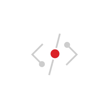 Icon showing two gray angle brackets facing inward with a red dot in the center, representing a coding or programming symbol on a white circular background.