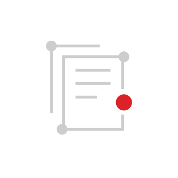 Icon of a document with three horizontal lines inside a round-cornered square, connected by nodes at three corners and one red dot on the right side, on a white circular background.