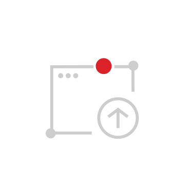 Minimalist icon depicting a window with three dots in the top left and a red dot on the top center connected to an upward arrow inside a circle at the bottom right.