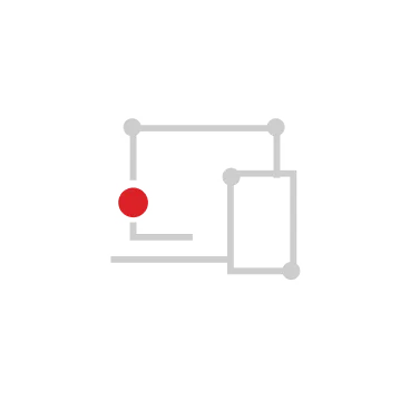 Minimalist abstract design with light gray geometric shapes and lines connected by nodes and a single red circle inside a white circular background.