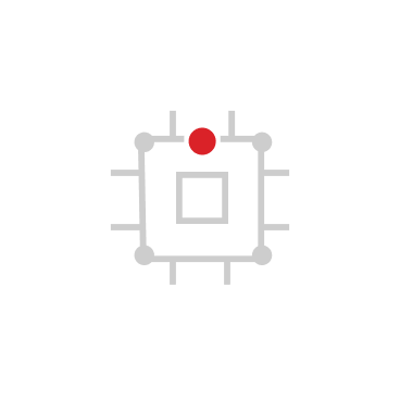 Simplified gray microchip icon inside a white circle with a red dot on top.