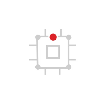 Simplified gray microchip icon inside a white circle with a red dot on top.