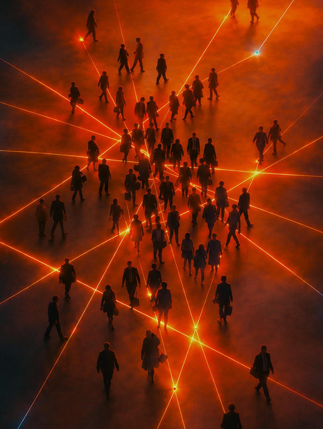 Overhead view of a crowd of business people walking on a dark surface interconnected by glowing orange laser lines, symbolizing networking or digital connectivity.
