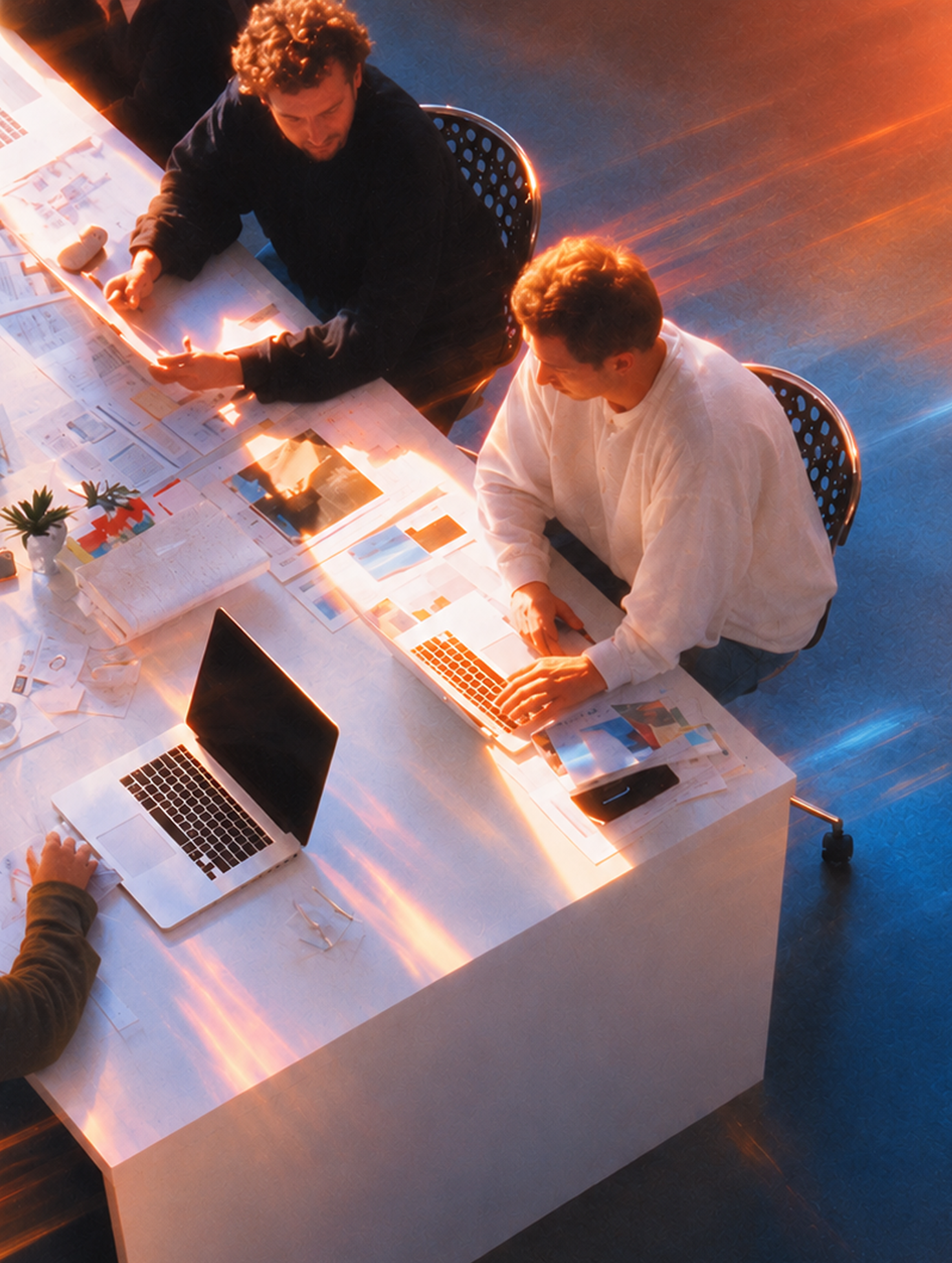 Two men sit opposite each other at a white table covered with papers, documents, and two open laptops, working together in a well-lit environment with orange sunlight streaming in.