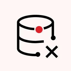 Icon of a database represented by three stacked cylinders with a red dot on the second cylinder and a black X symbol near the bottom right indicating a database error or failure.