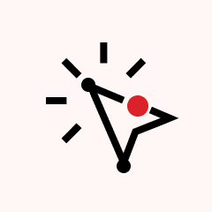 A stylized black clock with a red dot near the center and simple black tick marks around the face on a light pink background.