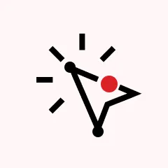 A stylized black clock with a red dot near the center and simple black tick marks around the face on a light pink background.