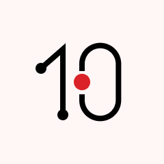Abstract icon with a black curved line forming a shape resembling a shield or lock with a red dot in the center and two smaller black dots on a light pink background.