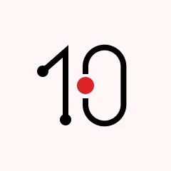 Abstract icon with a black curved line forming a shape resembling a shield or lock with a red dot in the center and two smaller black dots on a light pink background.