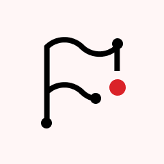 A black flagpole with a wavy flag outline and an upward pointing arrow with a red dot above the arrow's tip.