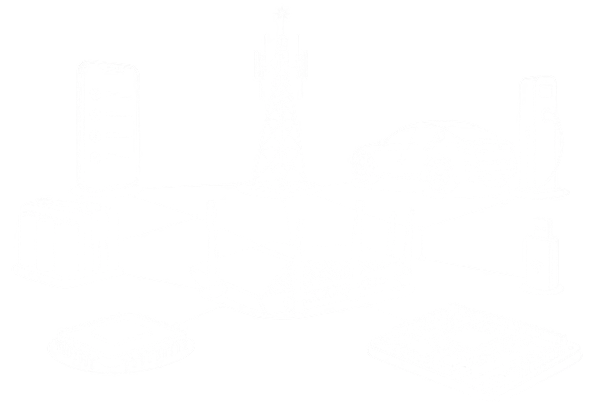 Diagram showing a central wireless router connected to various IoT devices including a smartphone, a communication tower, an electric car with charging station, a smart meter, a microchip, and an IoT gateway device.