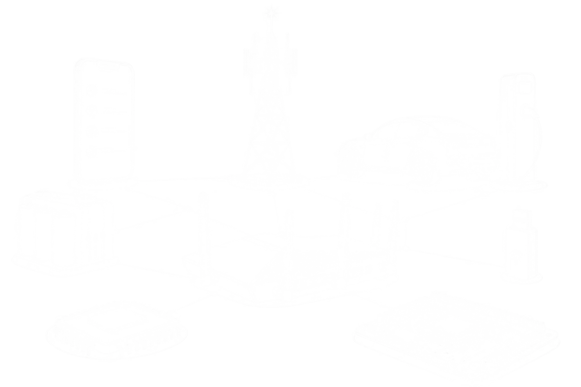 Diagram showing a central wireless router connected to various IoT devices including a smartphone, a communication tower, an electric car with charging station, a smart meter, a microchip, and an IoT gateway device.