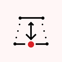 Icon with a red circle at the bottom connected by horizontal lines with black dots, featuring a two-headed vertical arrow pointing up and down in the center.
