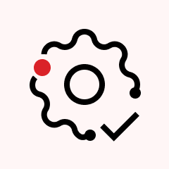 Black gear icon with wavy outline and central circle, featuring a red dot on the left and a check mark at the lower right.