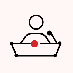 Icon of a person standing behind a podium with a microphone and a red circle on the podium front.