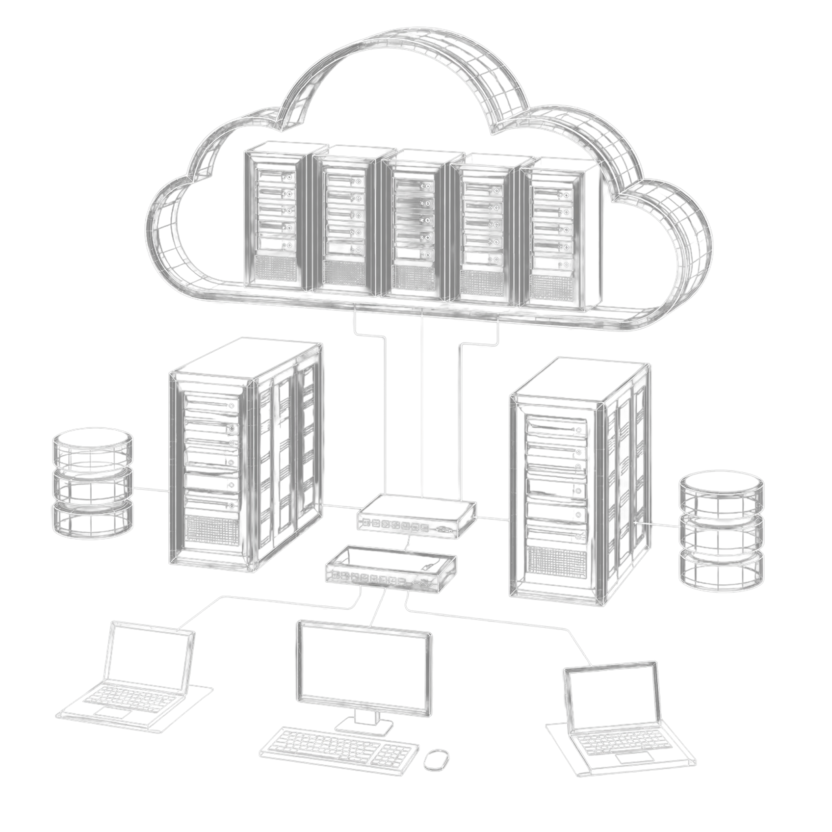 Wireframe illustration showing cloud computing infrastructure with multiple servers inside a cloud, connected to two server racks with attached databases, network switches, and three client devices including two laptops and one desktop computer with keyboard and mouse.