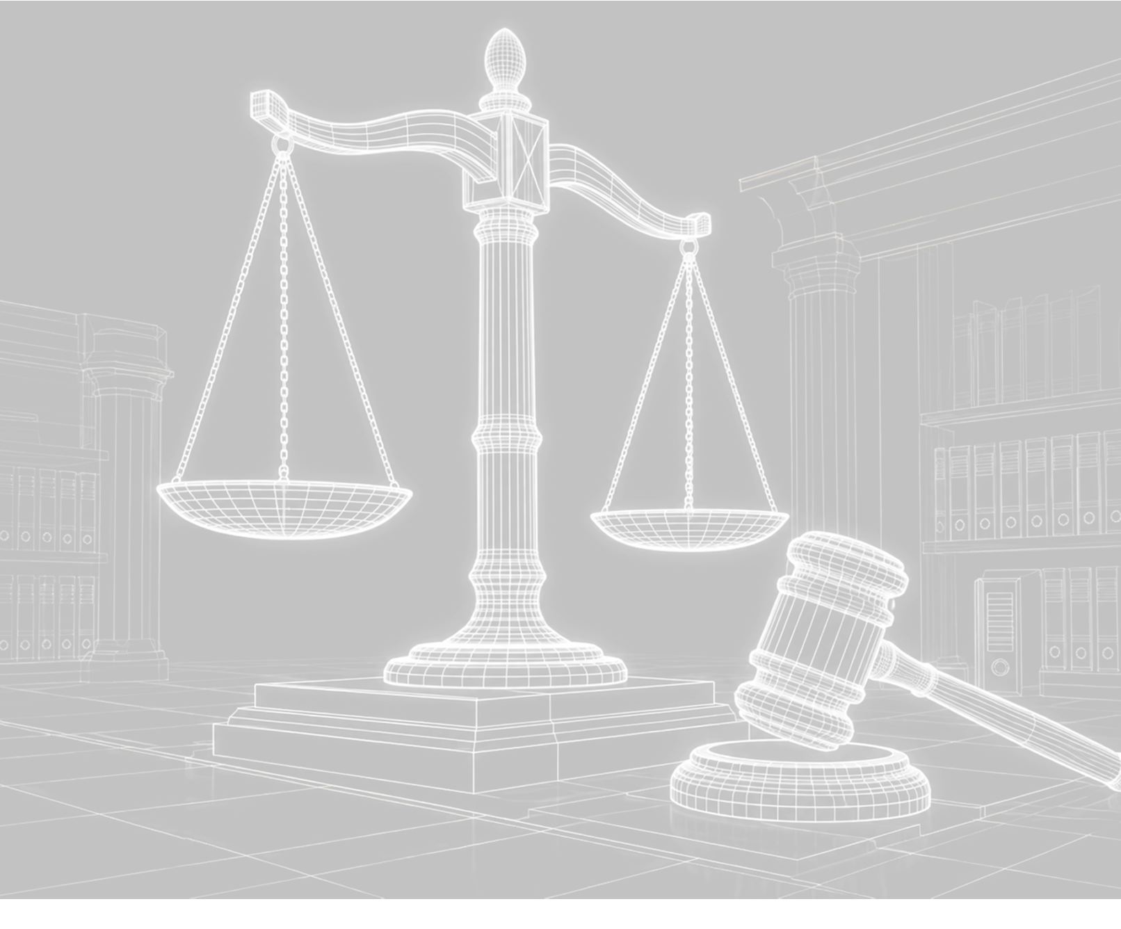 Wireframe 3D rendering of a justice scale balanced on a stand next to a gavel on a base, set inside a courtroom with bookshelves and columns in the background.