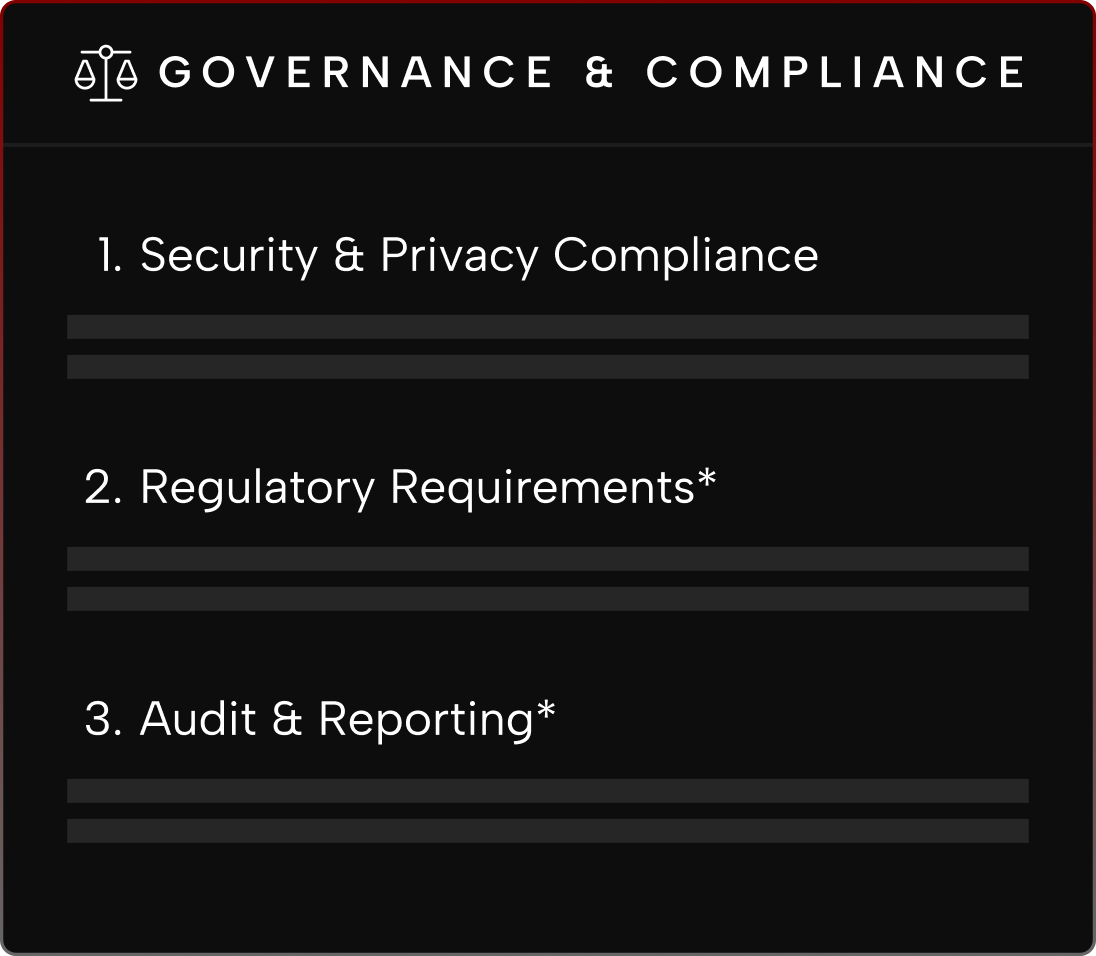 Section titled Governance & Compliance with three listed items: 1. Security & Privacy Compliance, 2. Regulatory Requirements*, 3. Audit & Reporting*, each followed by two gray horizontal lines representing text placeholders.