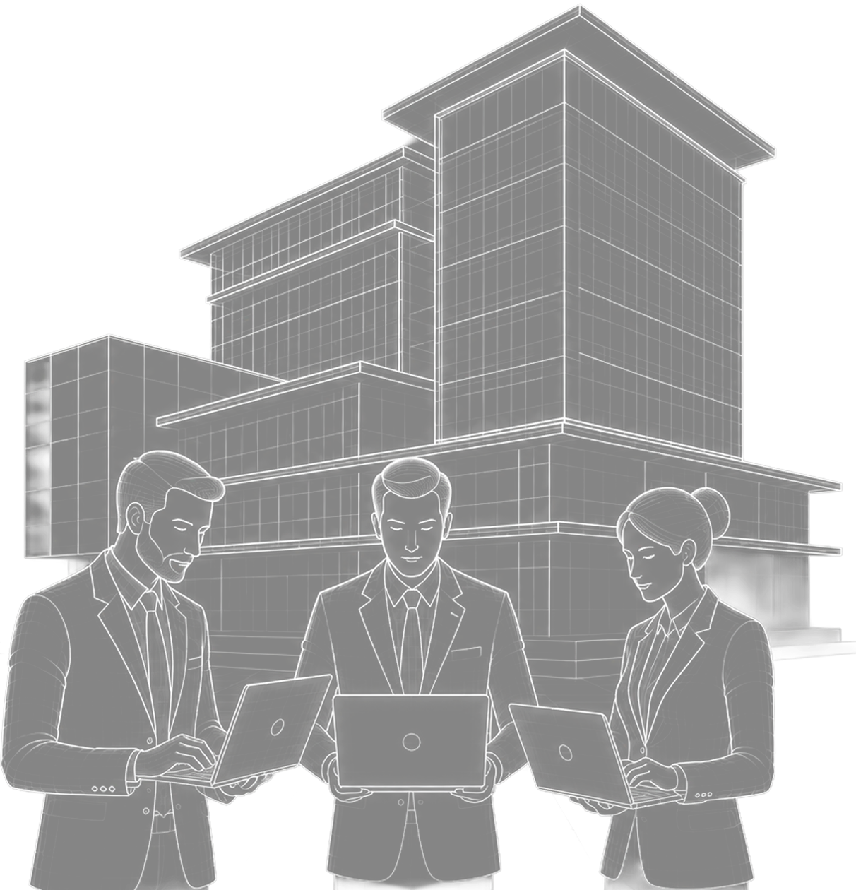 Digital wireframe illustration of three business professionals using laptops in front of a modern multi-story office building.