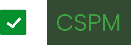 Green square icon with a white checkmark next to the text 'CSPM' in green on a dark background.