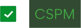 Green square icon with a white checkmark next to the text 'CSPM' in green on a dark background.