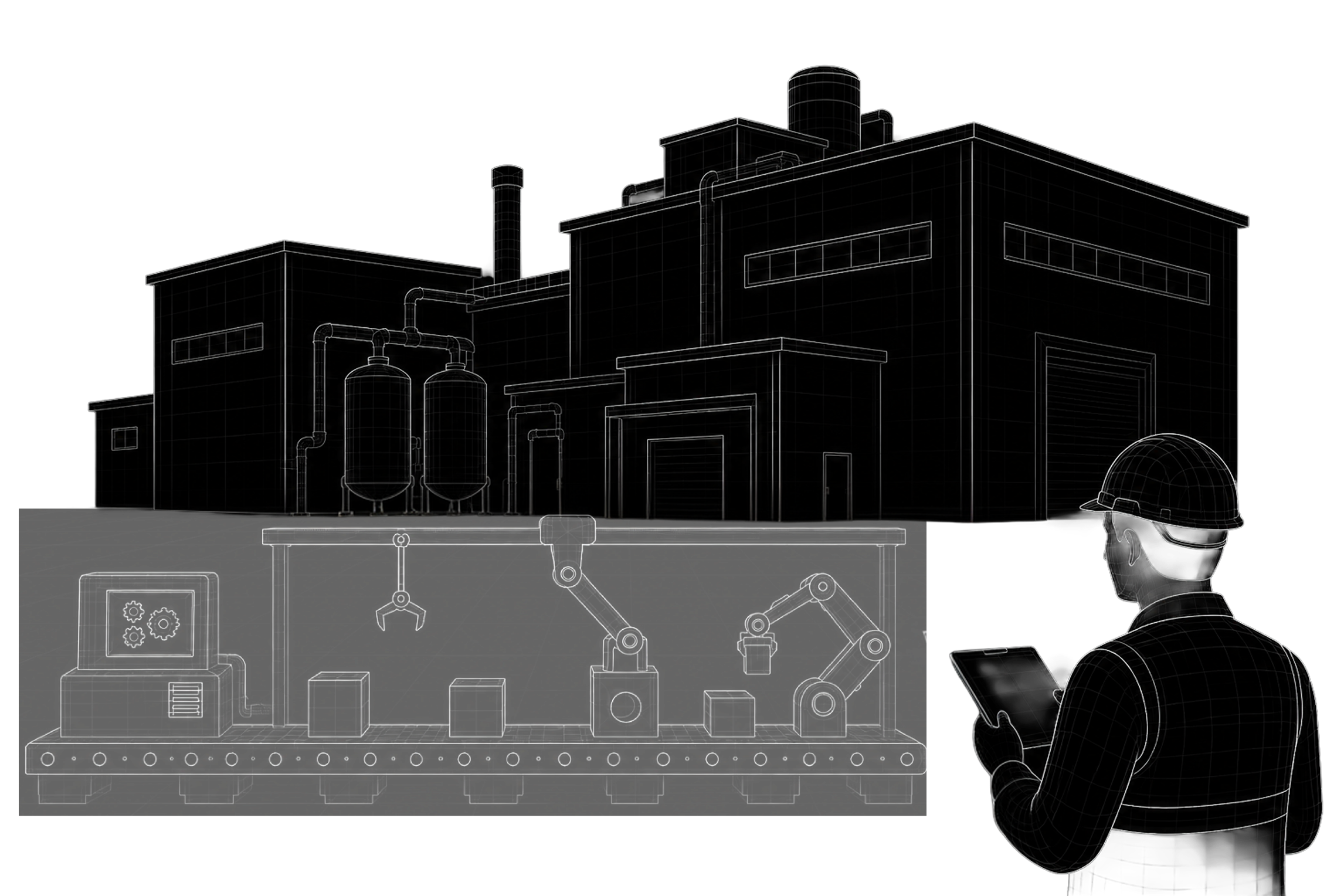 Wireframe-style illustration of an industrial factory with tanks and piping, an automated conveyor belt with robotic arms handling boxes, and a worker wearing a hard hat and holding a tablet, monitoring the process.