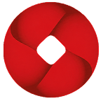 Red circular logo with four overlapping curved segments forming a hollow diamond shape at the center.