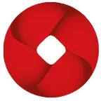 Red circular logo with four overlapping curved segments forming a hollow diamond shape at the center.