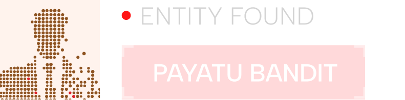 Red dot followed by the text 'ENTITY FOUND' in white next to a red rectangle containing 'PAYATU BANDIT' in white, with stylized brown pixelated figures on an orange background to the left.