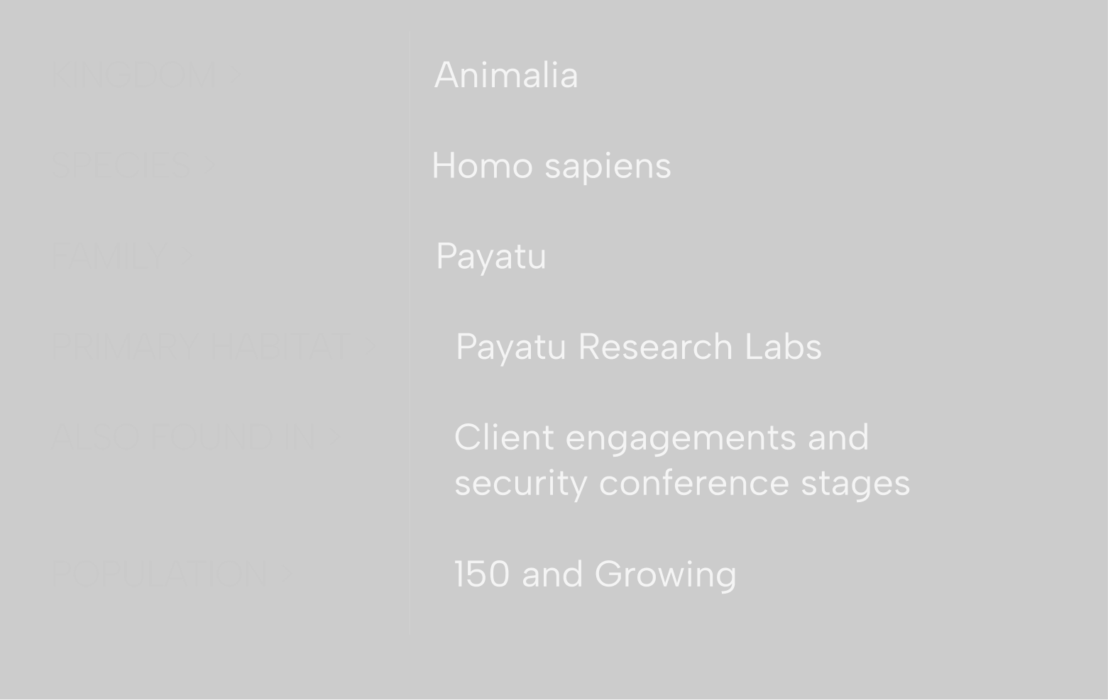 Table listing biological taxonomy and details with categories and values as follows: Kingdom - Animalia, Species - Homo sapiens, Family - Payatu, Primary Habitat - Payatu Research Labs, Also Found In - Client engagements and security conference stages, Population - 150 and Growing.