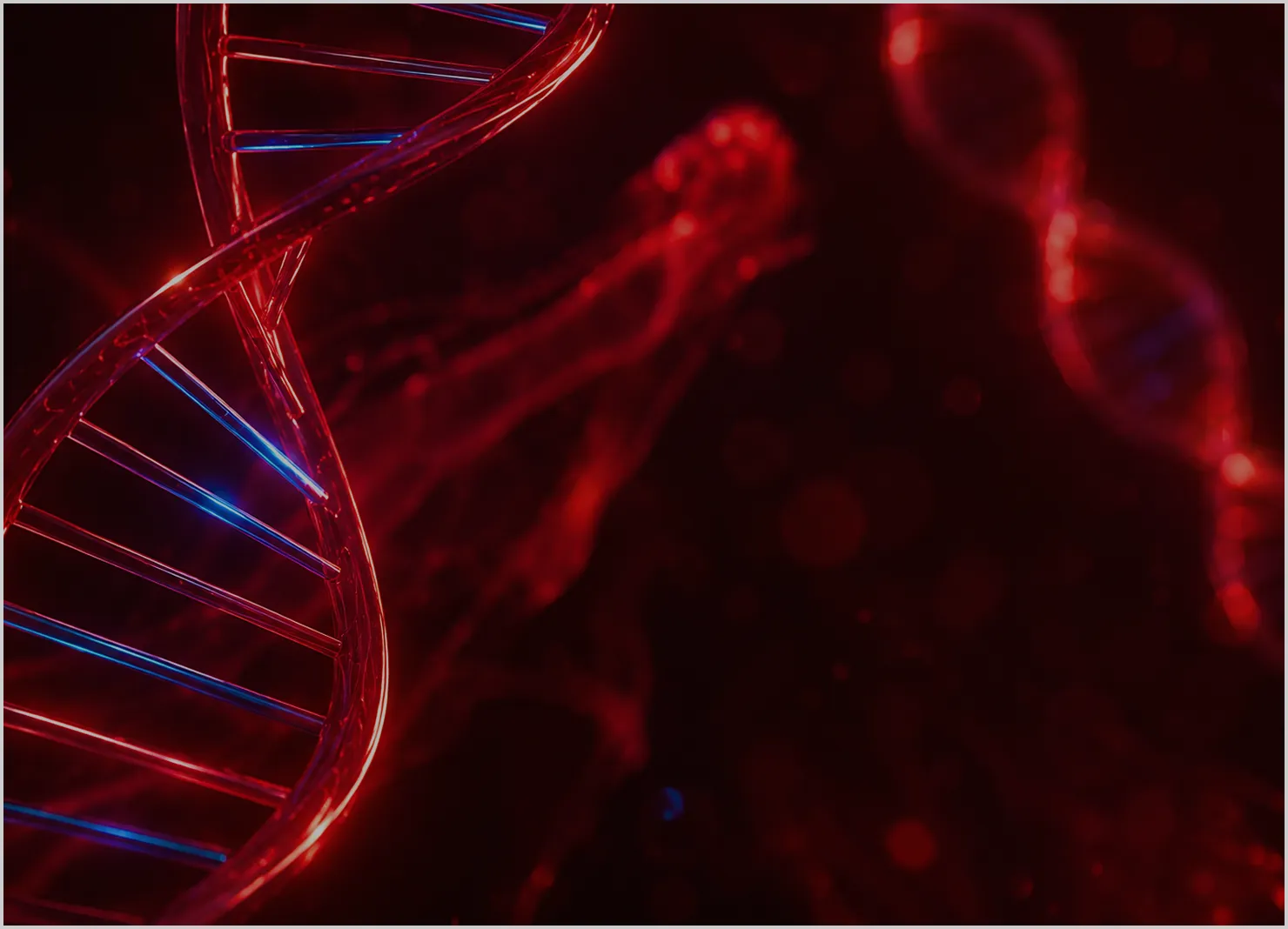 Close-up of a glowing red and blue DNA double helix structure on a dark background with a blurred red human figure in the background.
