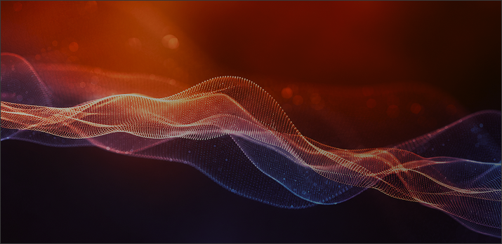 Abstract flowing waves made of dotted lines in orange and blue hues on a dark gradient background.