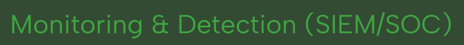 Text display reading 'Monitoring & Detection (SIEM/SOC)' in green font on a black background.