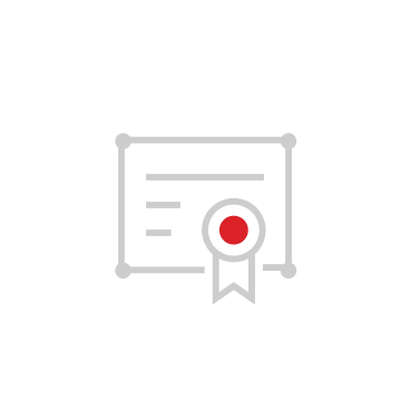 Icon of a certificate or diploma with a ribbon and red seal inside a white circle.