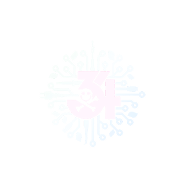Number 34 in pink with a smiley face icon, surrounded by a circular pattern of blue circuit-like lines and nodes on a white background.