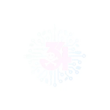 Number 34 in pink with a smiley face icon, surrounded by a circular pattern of blue circuit-like lines and nodes on a white background.
