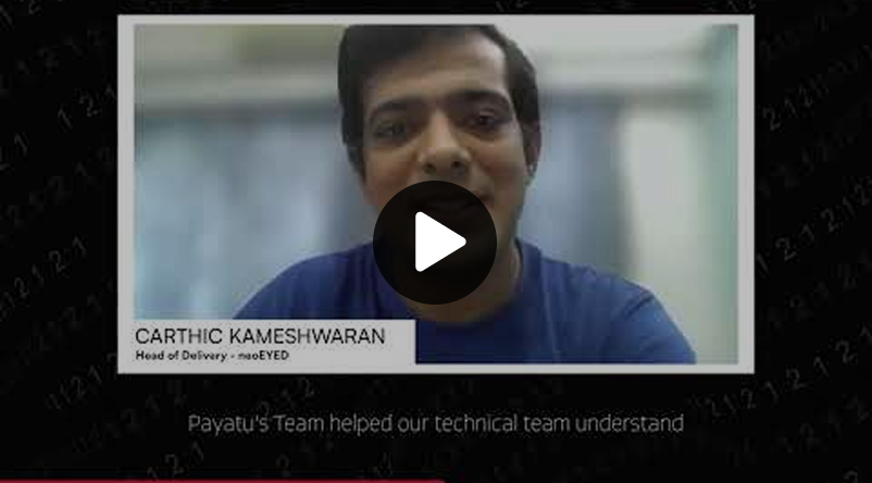 Video thumbnail showing a man named Carthic Kameshwaran, Head of Delivery at moEYED, speaking directly to the camera in a blue shirt.