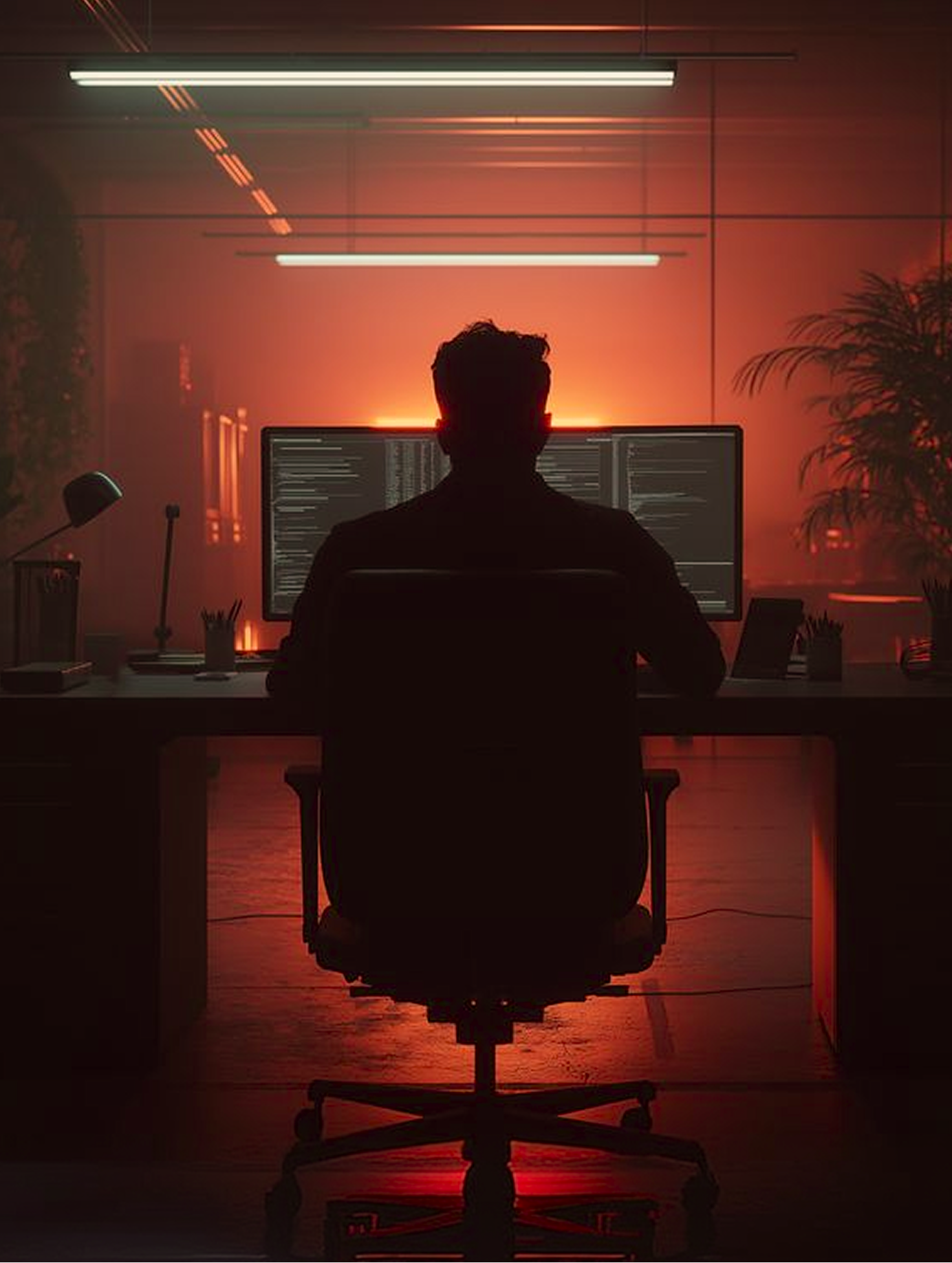 Silhouette of a person sitting in an office chair facing two large computer monitors displaying code, with orange ambient lighting in the background.
