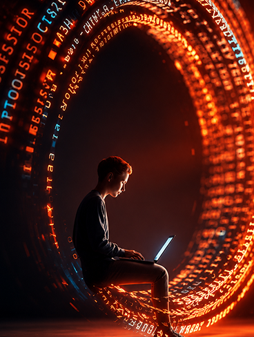 Young person sitting on a chair using a laptop, surrounded by glowing orange and blue digital code spiraling around them in a dark space.
