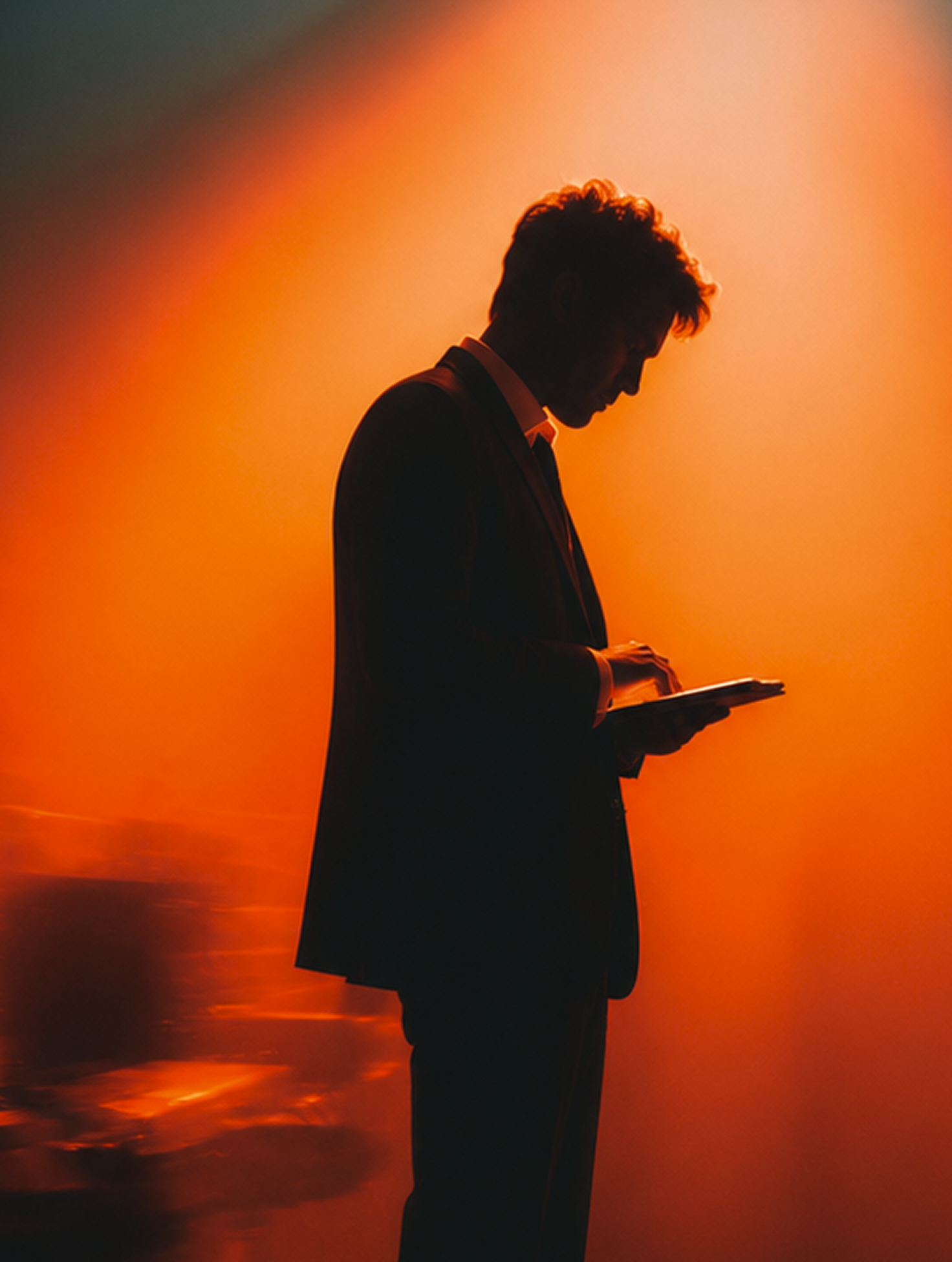 Silhouette of a man in a suit using a tablet against a vivid orange background.