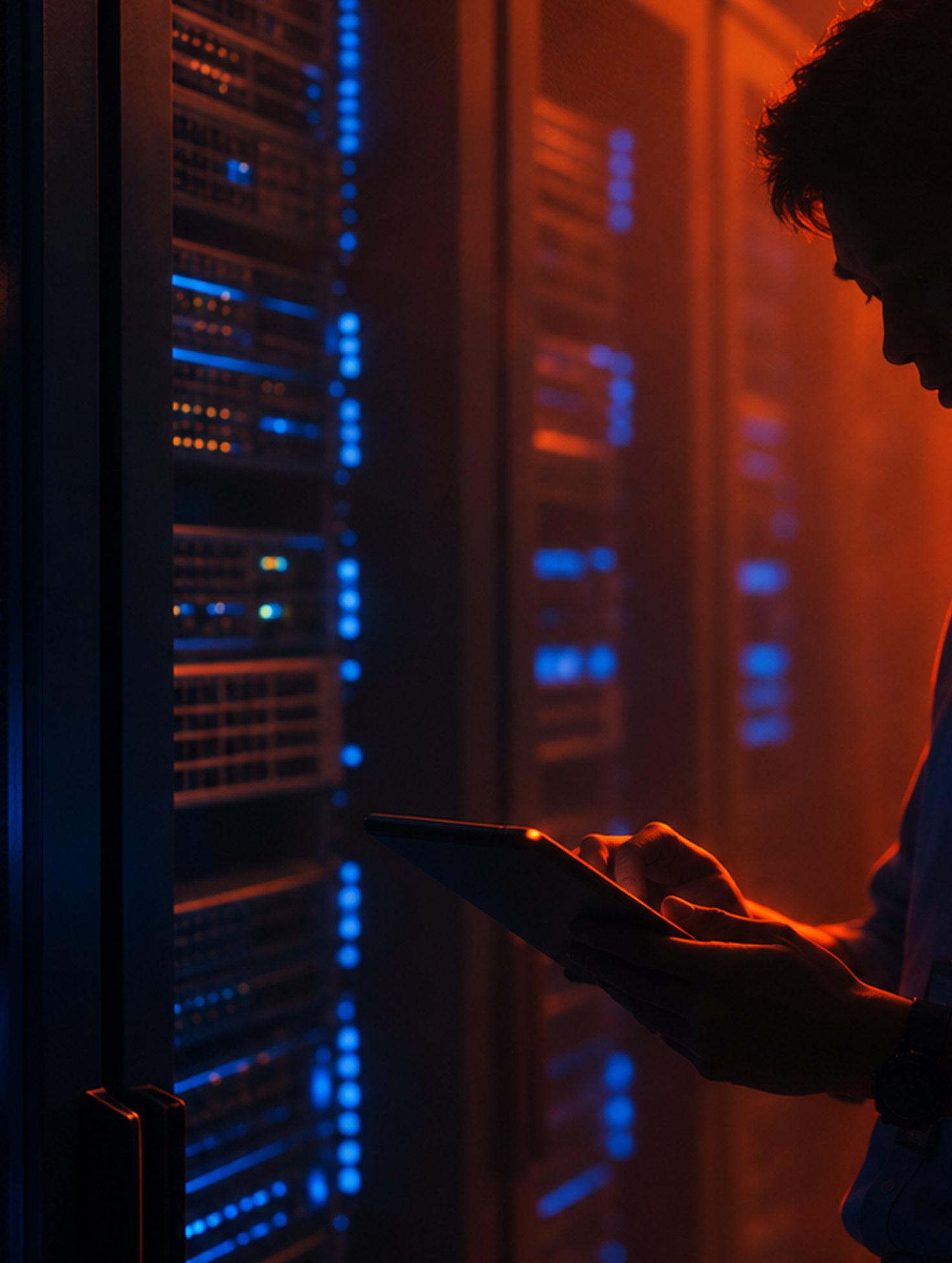Person holding and interacting with a tablet in a server room illuminated by orange and blue lights.