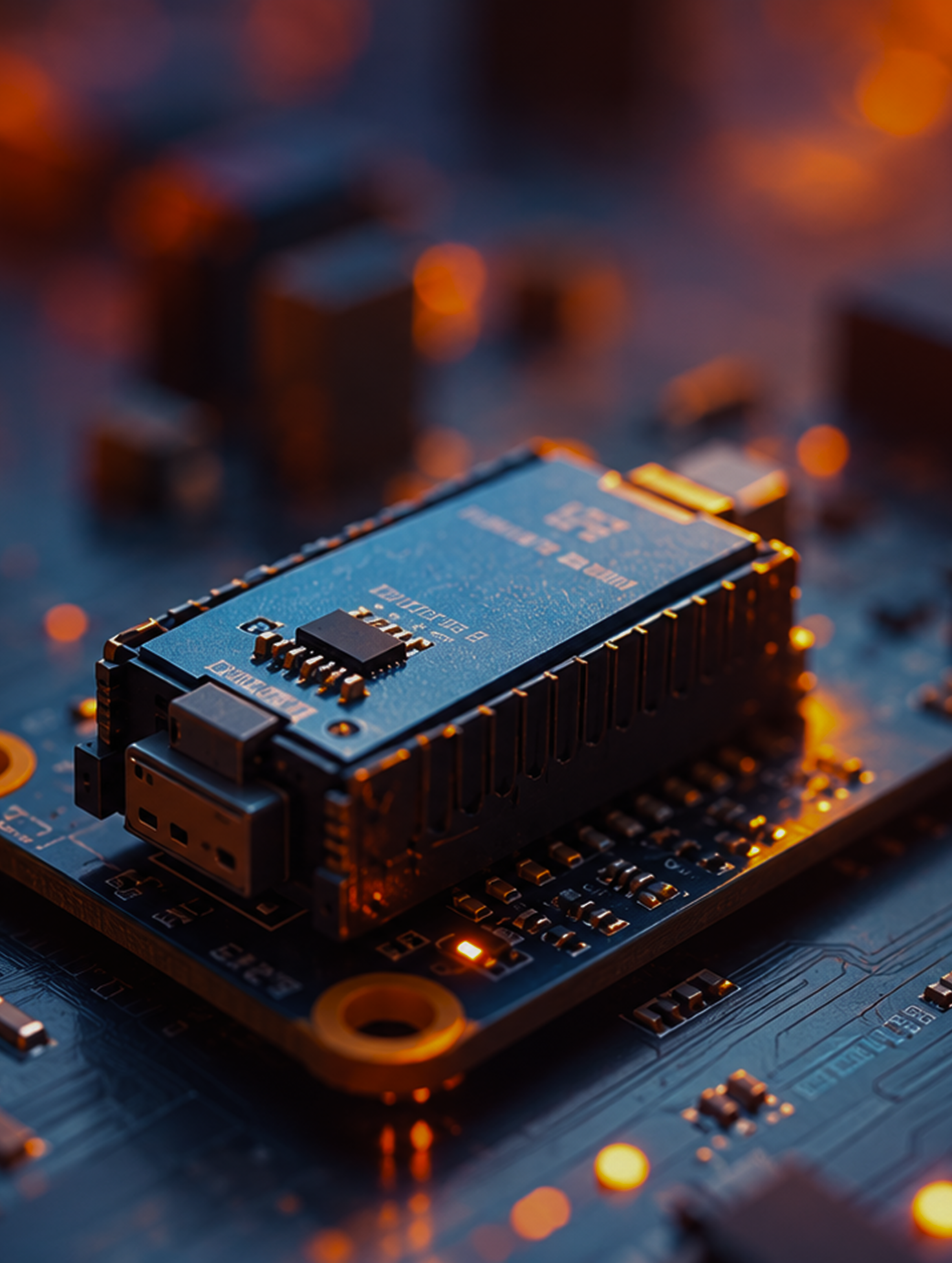 Close-up of a blue circuit board with a black microchip module mounted on it, illuminated by orange lighting.