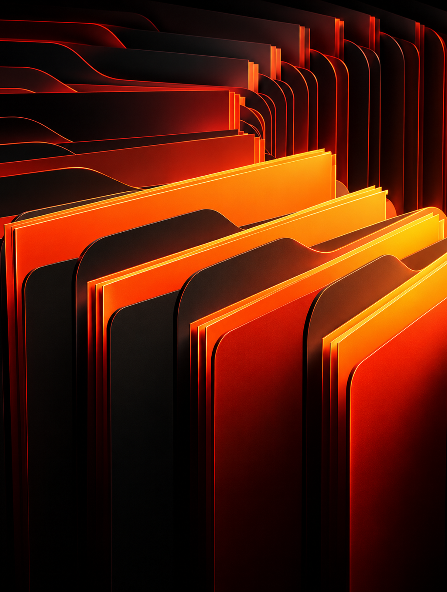 Rows of black and orange file folders with glowing edges, arranged closely together in a repeating pattern.