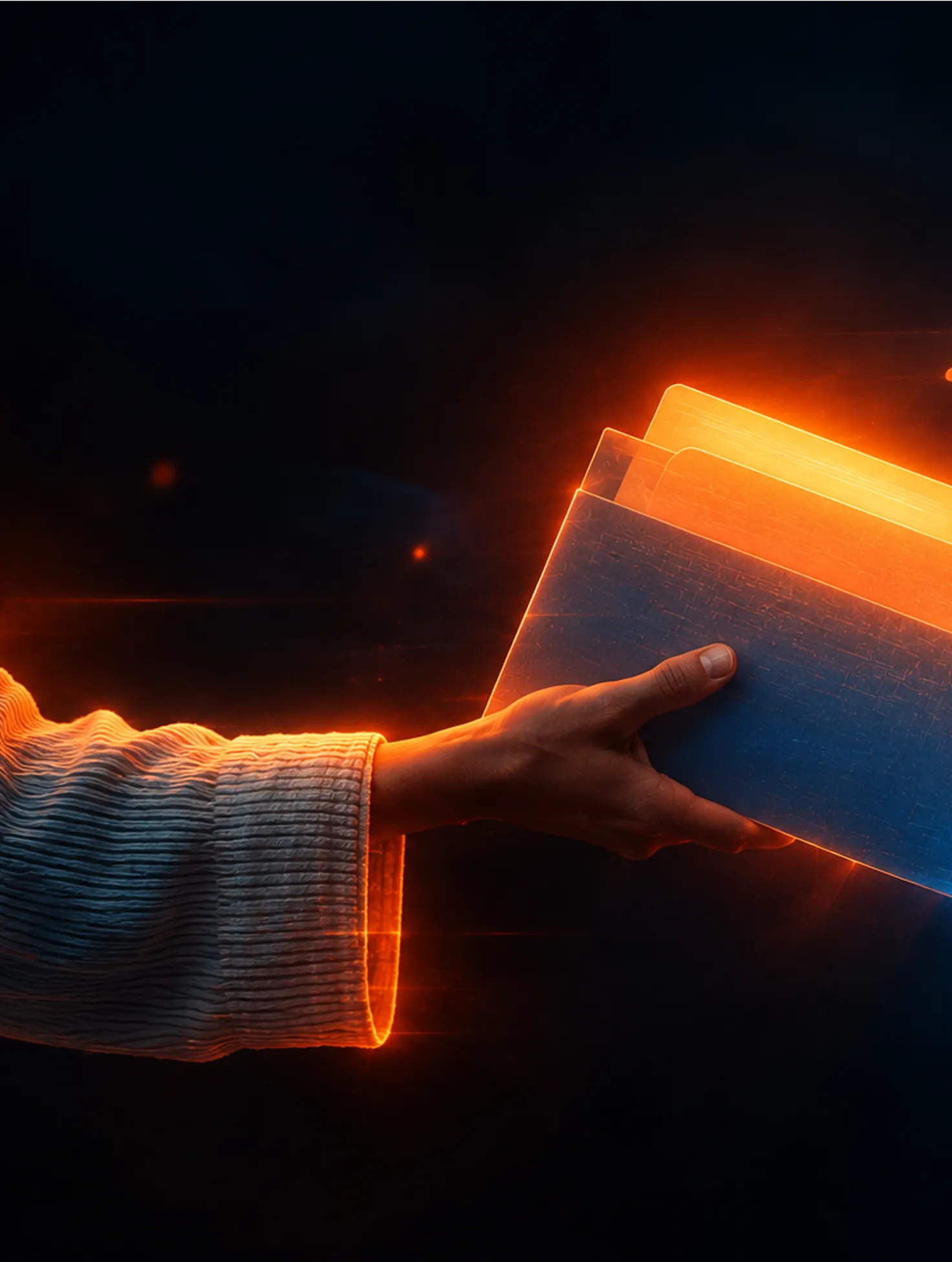 A hand emerging from a glowing sleeve holds three semi-transparent folder icons illuminated with orange light on a dark background.
