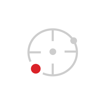 Gray circular radar icon with four crosshair lines and two dots: one red near the bottom left and one gray near the right edge.