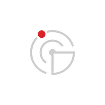 Icon with a circular radar-like design featuring a red dot on the upper left and a segmented gray arc on the lower right within a white circle.